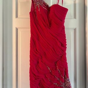 La Femme Red Ruched Embellished Bodycon Dress